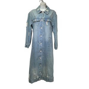 modest barbie distressed long denim jacket size S